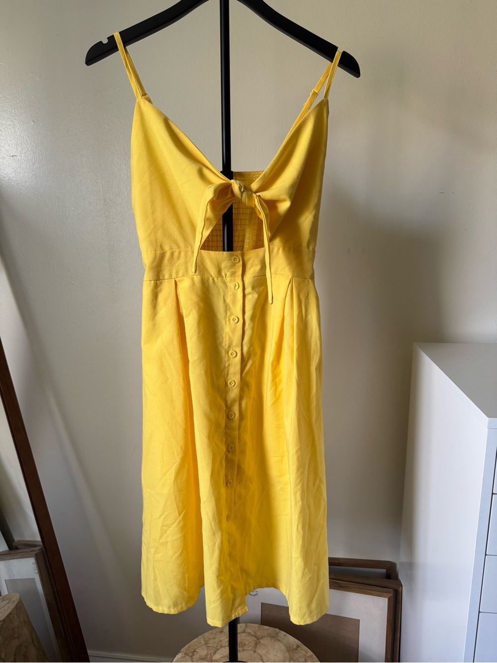 Yellow Tie-Front Button Midi Dress